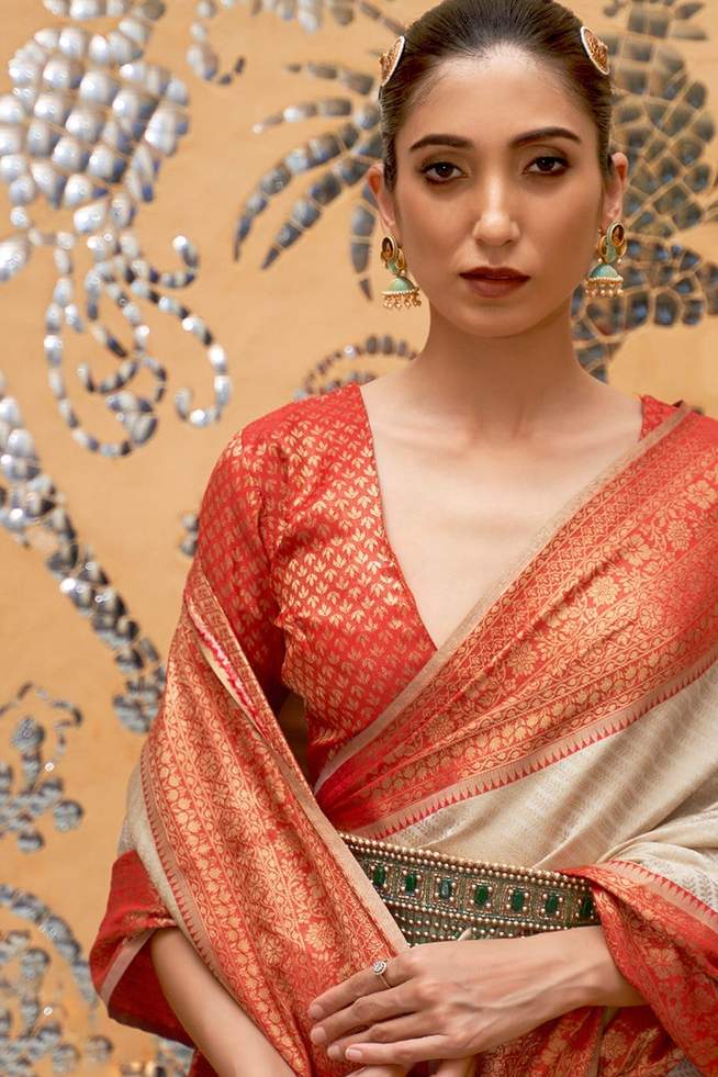 Orange Cream Woven Banarasi Silk Saree