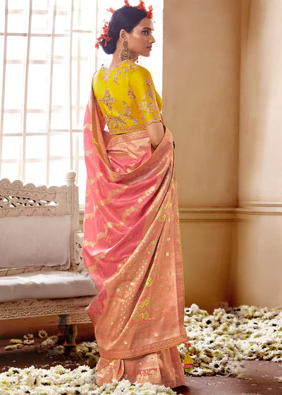 Peace And Yellow Woven Dola Silk Saree with Designer Embroidery Blouse