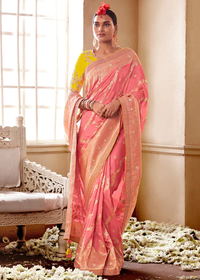 Peace And Yellow Woven Dola Silk Saree with Designer Embroidery Blouse