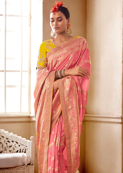 Peace And Yellow Woven Dola Silk Saree with Designer Embroidery Blouse