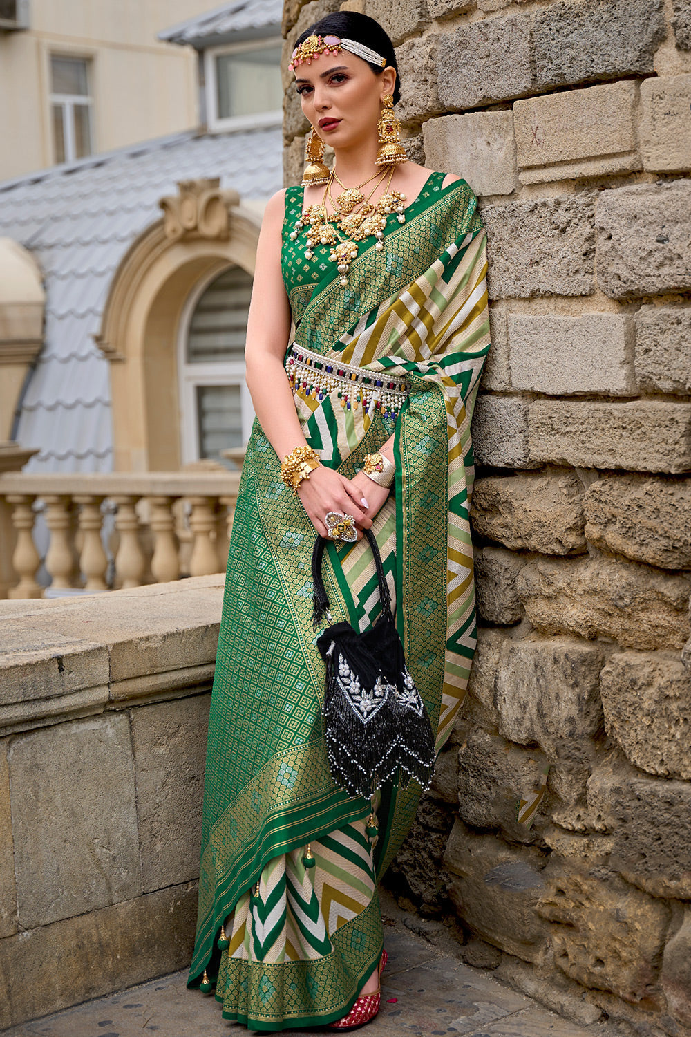 Festive Green Printed Patola Saree With Blouse