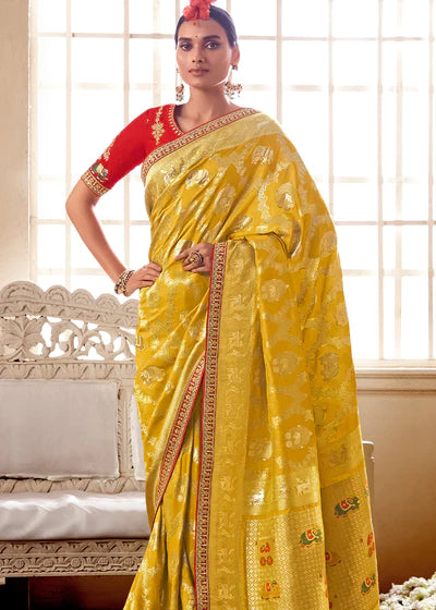 Yellow and Red Pure Katan Silk Saree Featuring Weaved Buta | Peepal Clothing