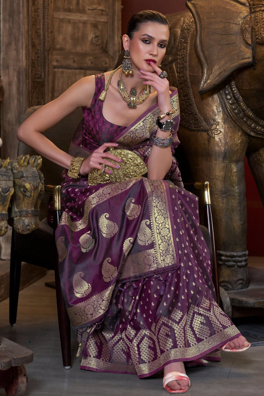 Wine Purple Satin Handloom Weaving Silk Saree