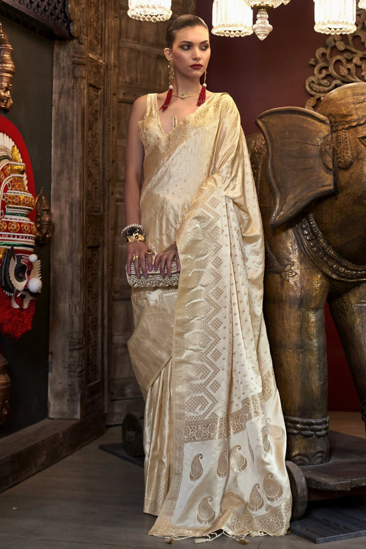 Cream Satin Handloom Weaving Silk Saree