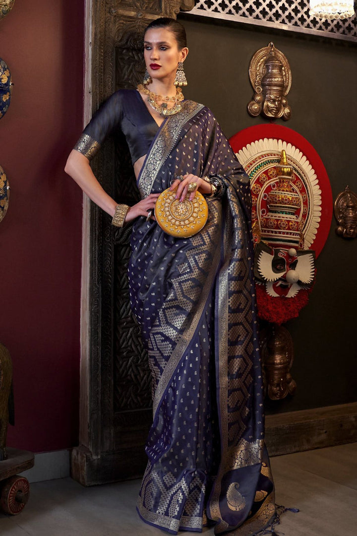 Blue Satin Handloom Weaving Silk Saree