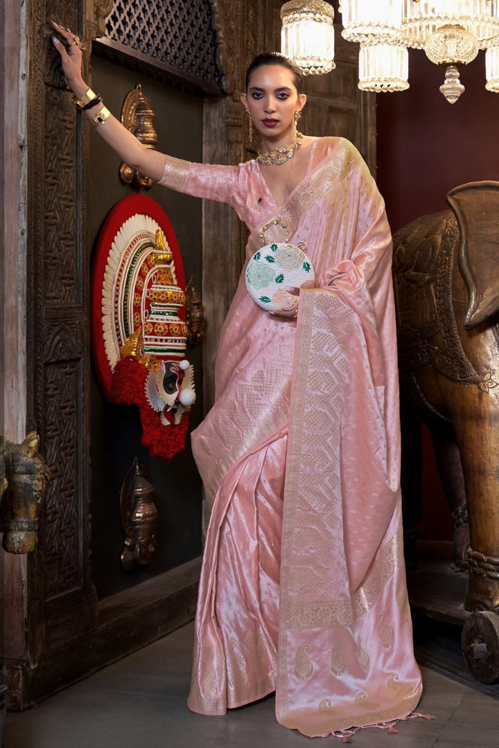 Blush Pink Satin Handloom Weaving Silk Saree