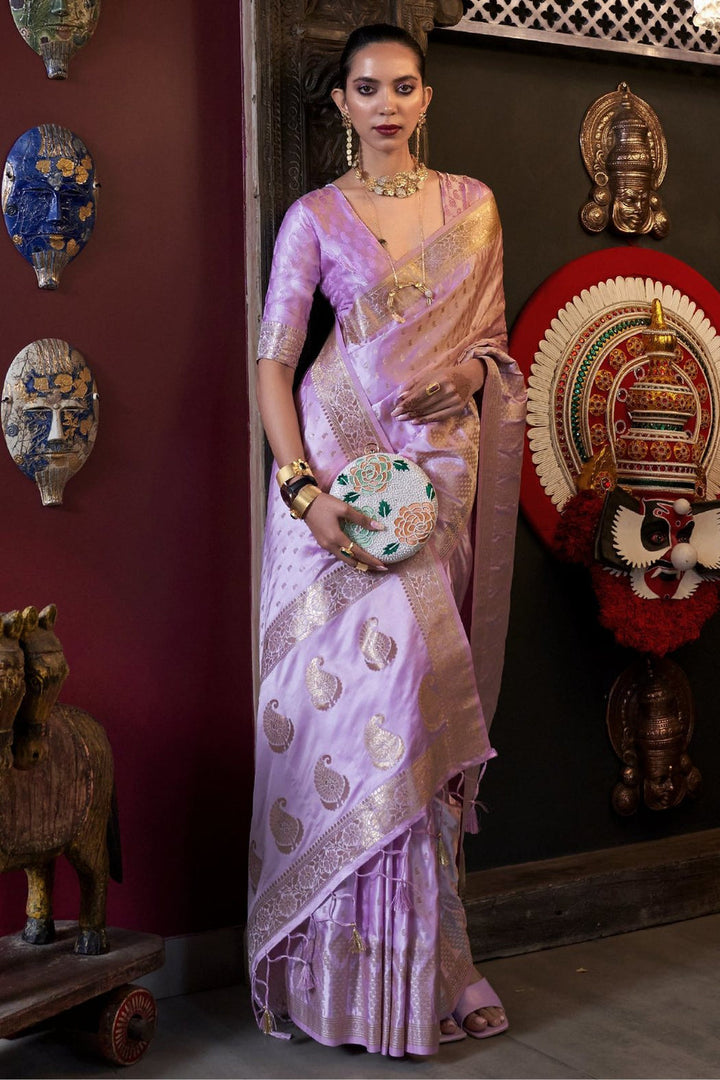 Light Purple Satin Handloom Weaving Silk Saree