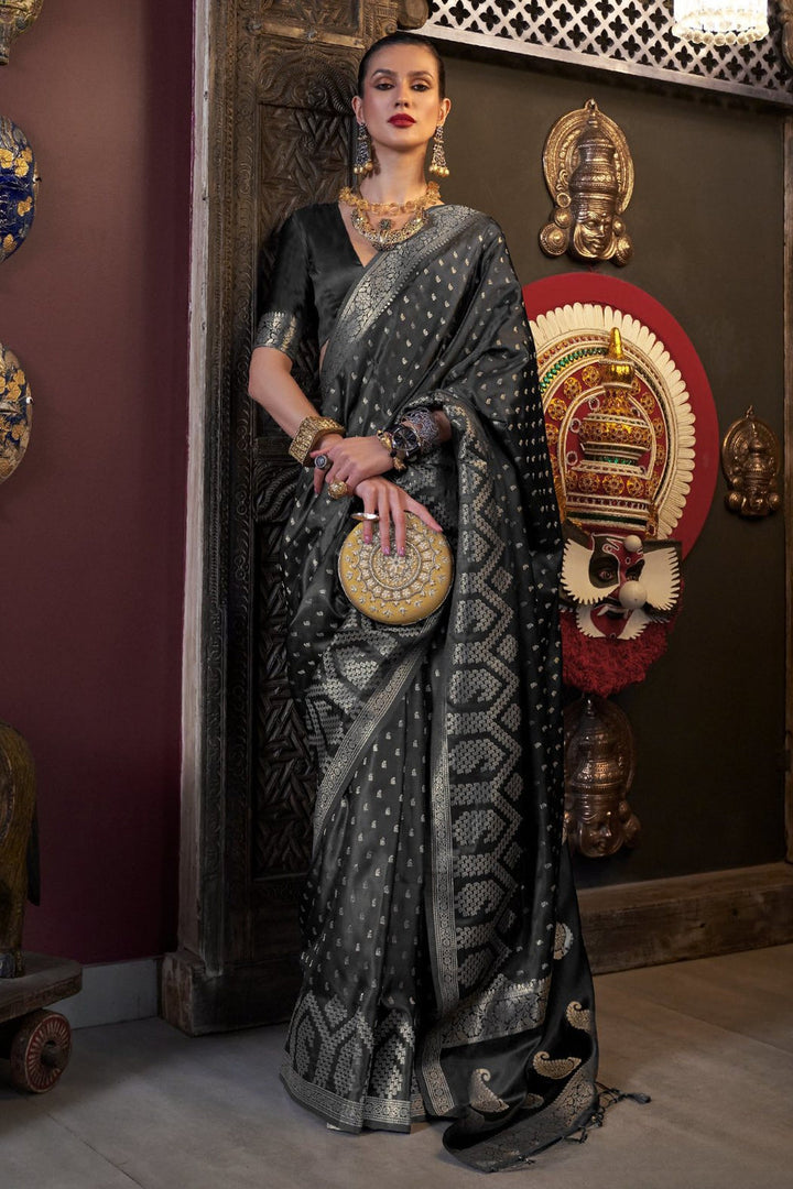 Black Satin Handloom Weaving Silk Saree