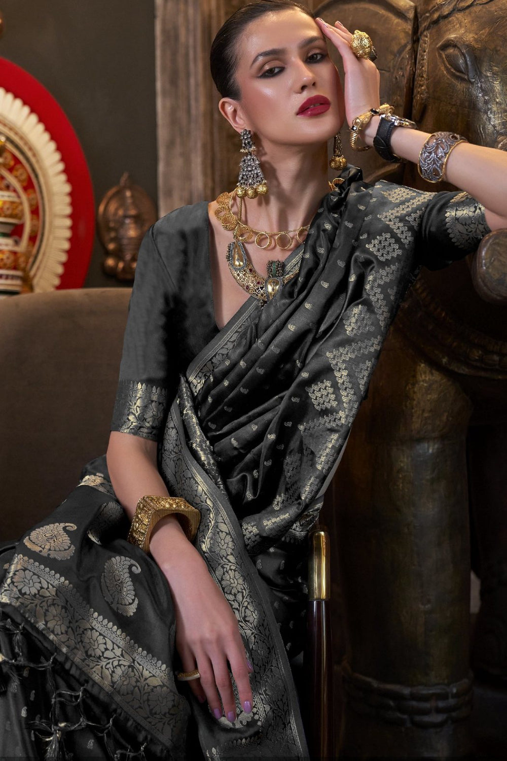 Black Satin Handloom Weaving Silk Saree