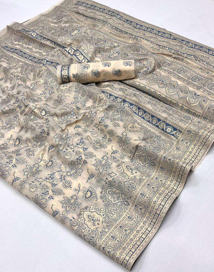 Vanilla Beige Kashmiri Modal Handloom Weaving Saree