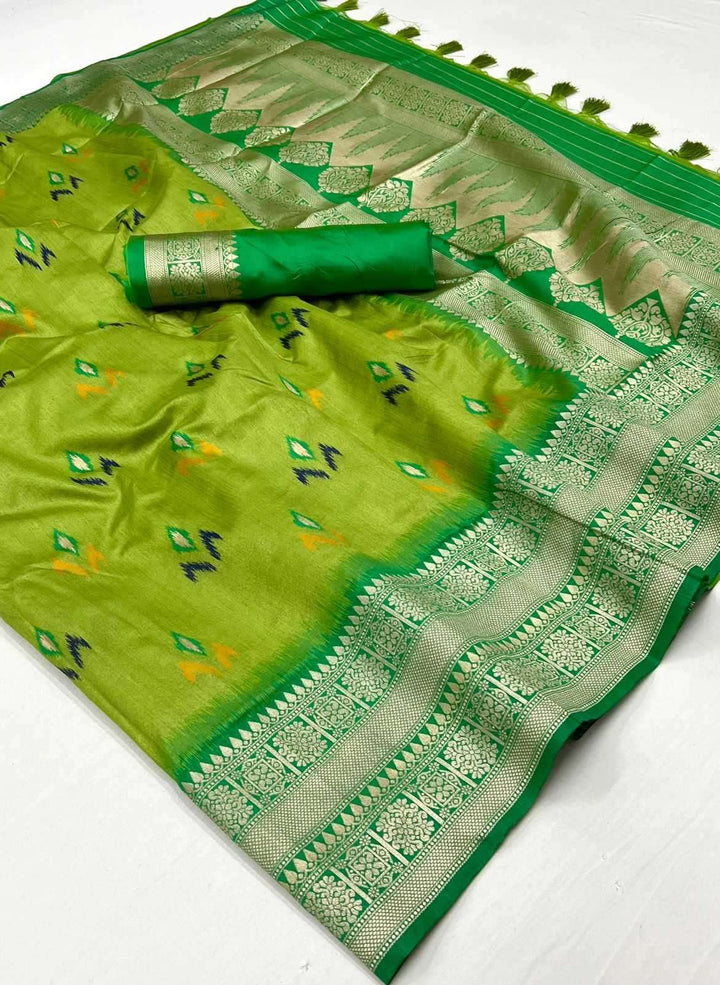 Leaf Green Woven Banarasi Soft Silk Saree