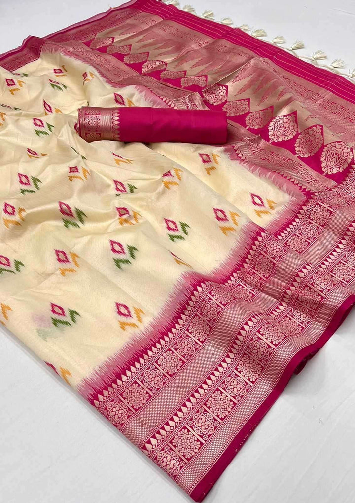 Cream and Pink Woven Banarasi Soft Silk Saree