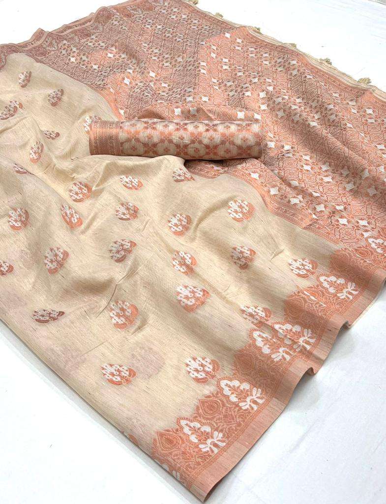 Pearl White Bronze Woven Linen Saree