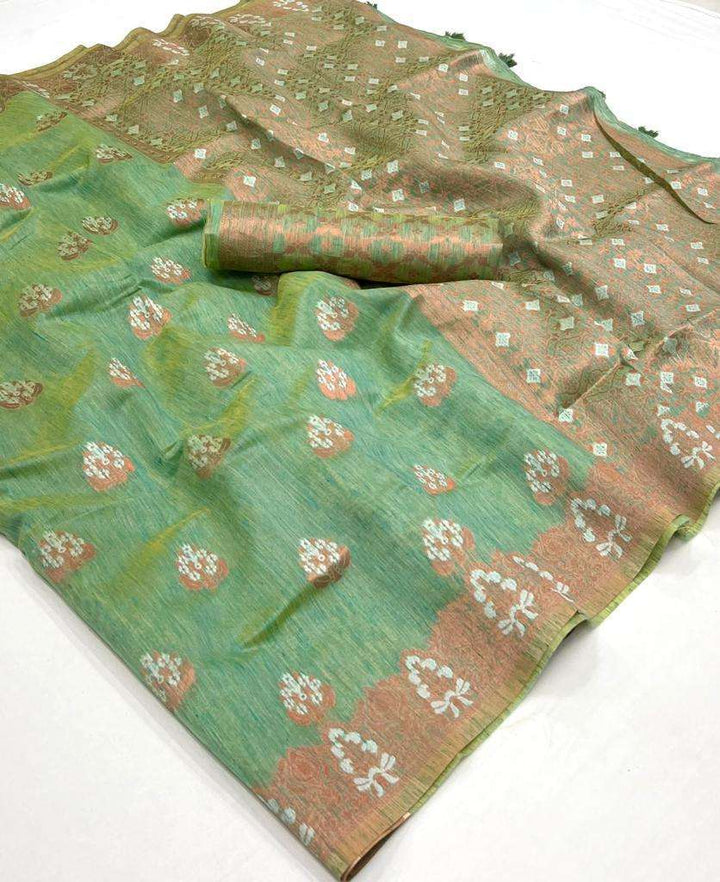 Mint Green Bronze Woven Linen Saree