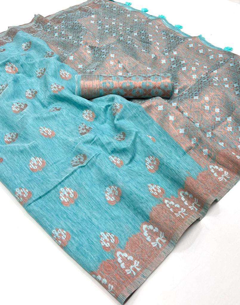 Shadow Blue Bronze Woven Linen Saree