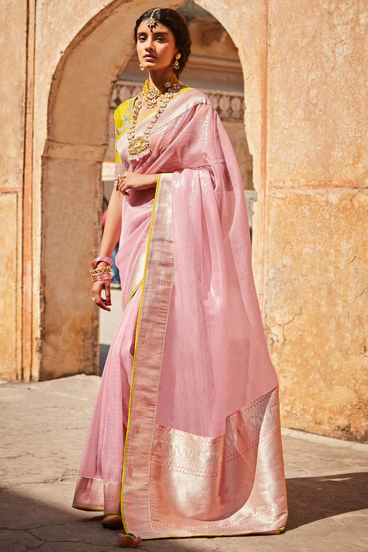 Pink and yellow party wear fancy saree