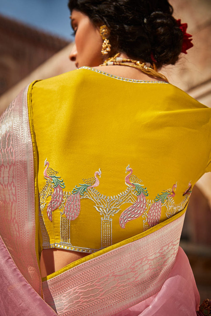 Pink and yellow party wear fancy saree